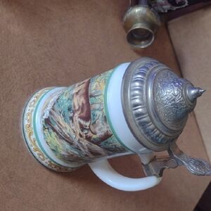 Vintage Ceramic Beer Stein with Silver Lid